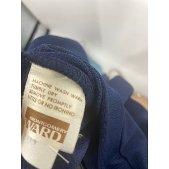 VTG 70’s Montgomery Ward Sz 14 Line Pattern Slacks Navy Blue Wide Leg Polyester - Picture 3 of 4